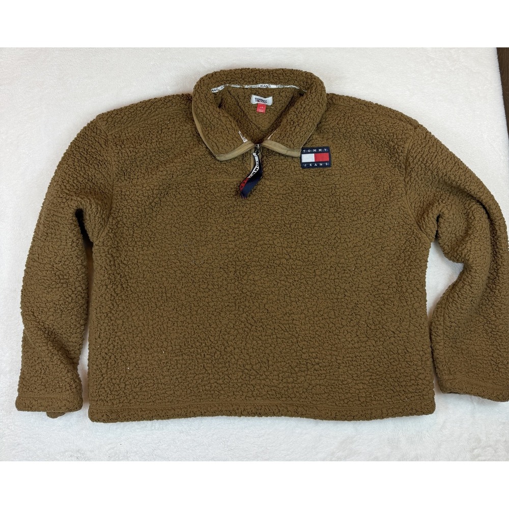 Tommy Jeans Brown Sherpa Quarter-Zip Pullover Flag Logo Fleece Large